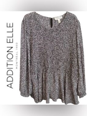 4X Addition Elle Shirred Black/ White Dot Print Peplum Top with Balloon Sleeves